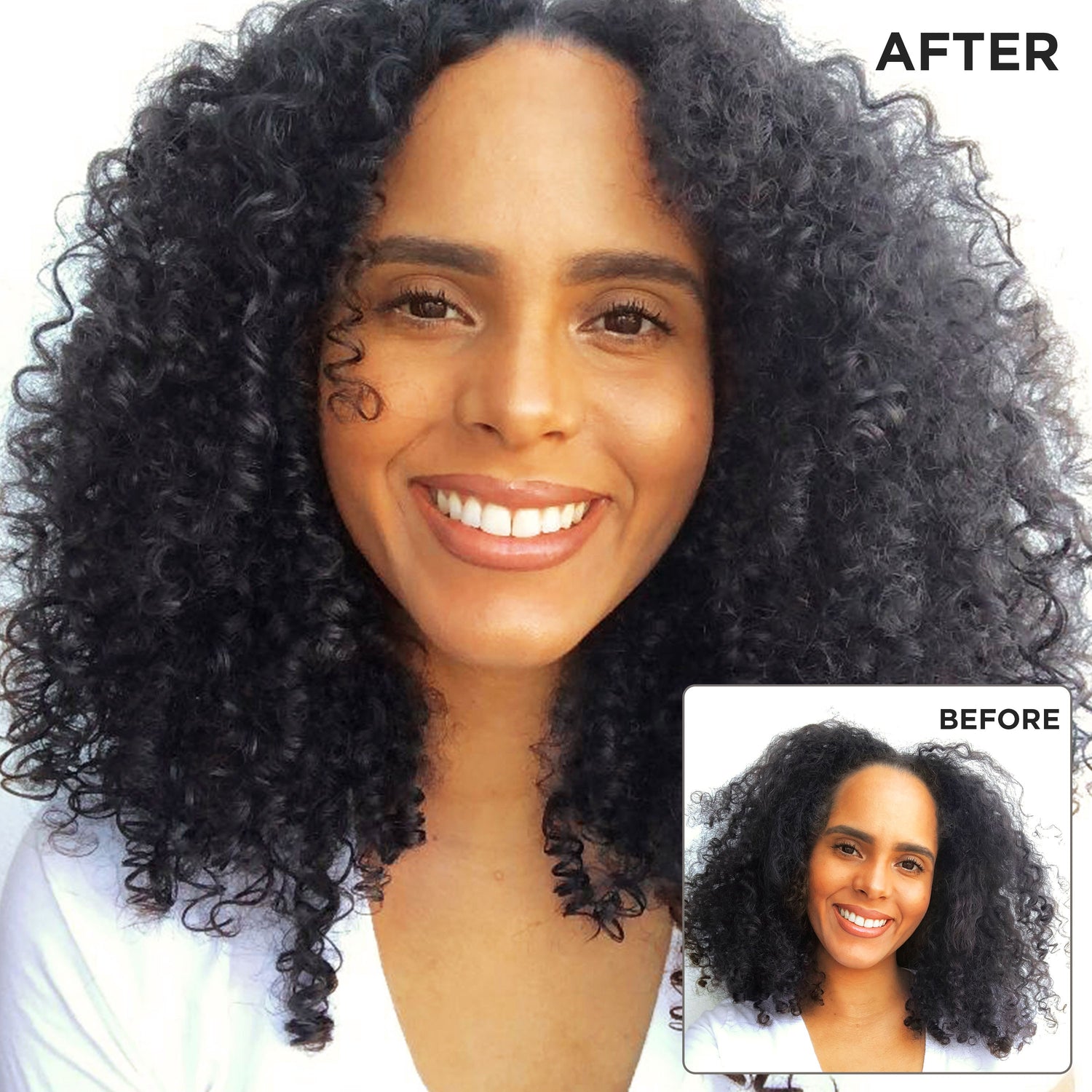 Before and after results of Cocoa Butter Conditioner on curly hair.