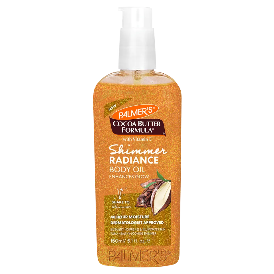 Palmer's Cocoa Butter Formula Shimmer Radiance Body Oil bottle on a white background