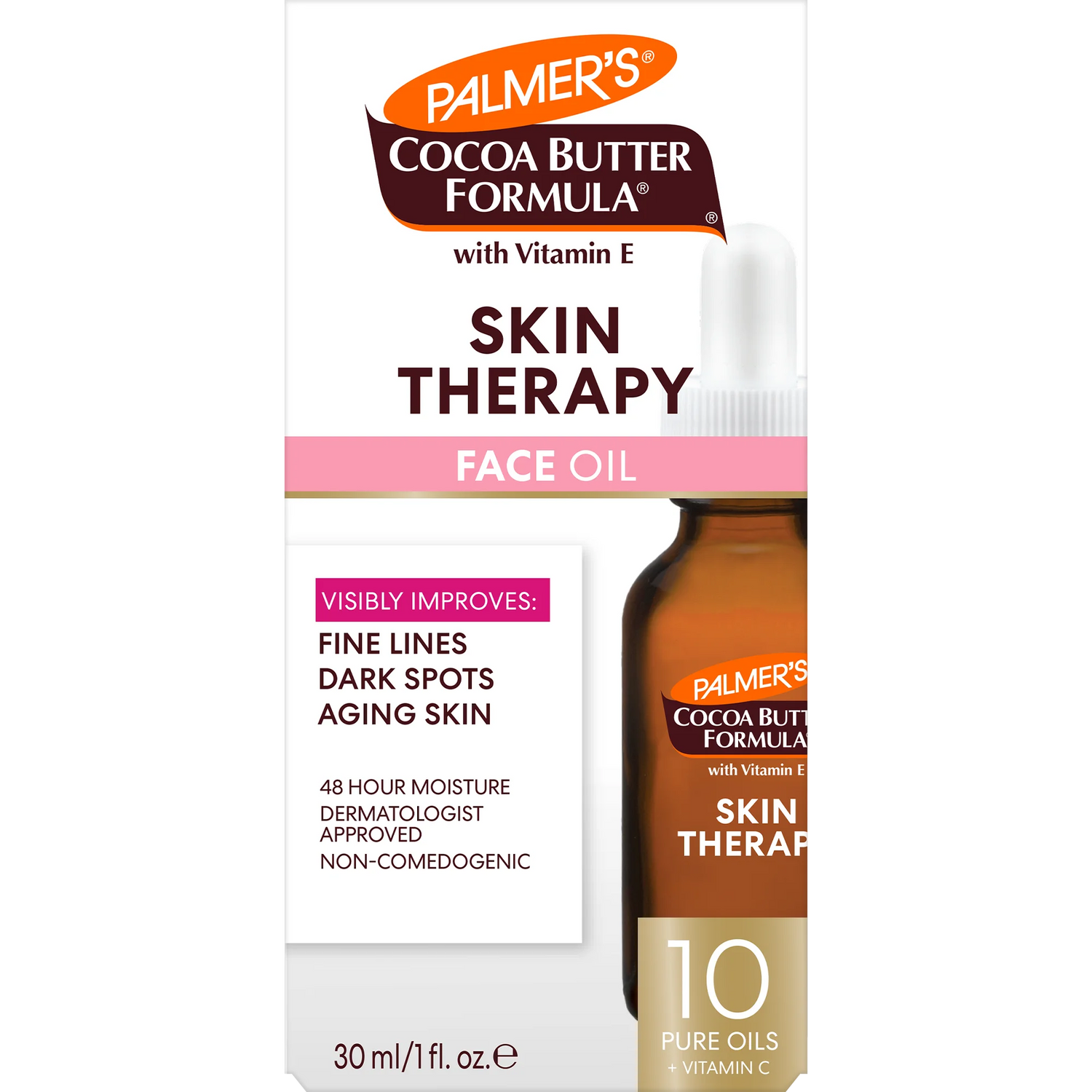 Palmer's Cocoa Butter Formula Skin Therapy Face Oil in a 30 ml box with a dropper bottle shown on the front, featuring white, pink, brown, and orange packaging.
