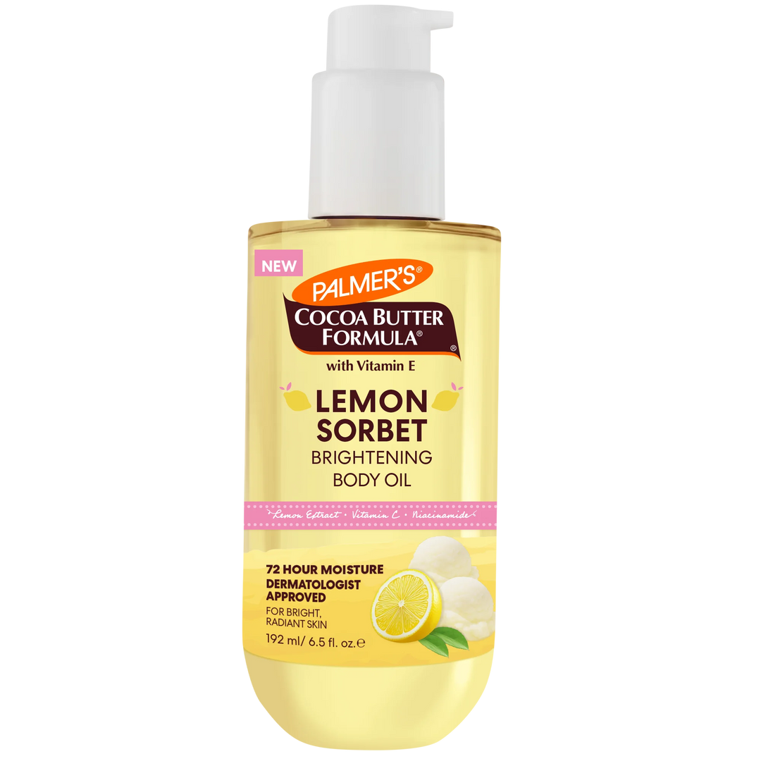Palmer's Cocoa Butter Formula Lemon Sorbet Brightening Body Oil bottle on a white background
