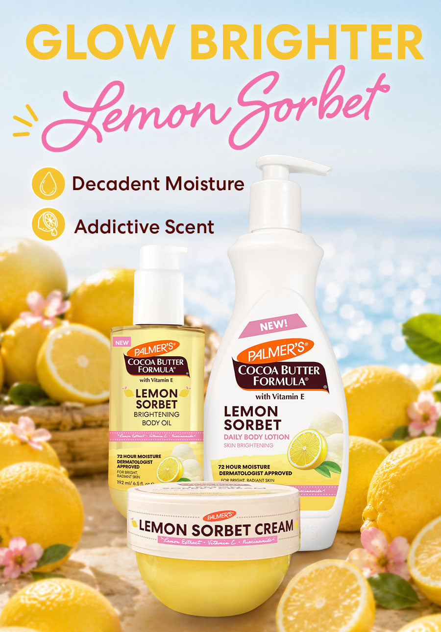 Three Palmers Lemon Sorbet products arranged together against a bright beach-themed background with lemons, flowers, and text reading 'Glow Brighter Lemon Sorbet,' 'Decent Moisture,' and 'Addictive Scent.' The products include a pump bottle, a jar, and a smaller container, all labeled Lemon Sorbet.