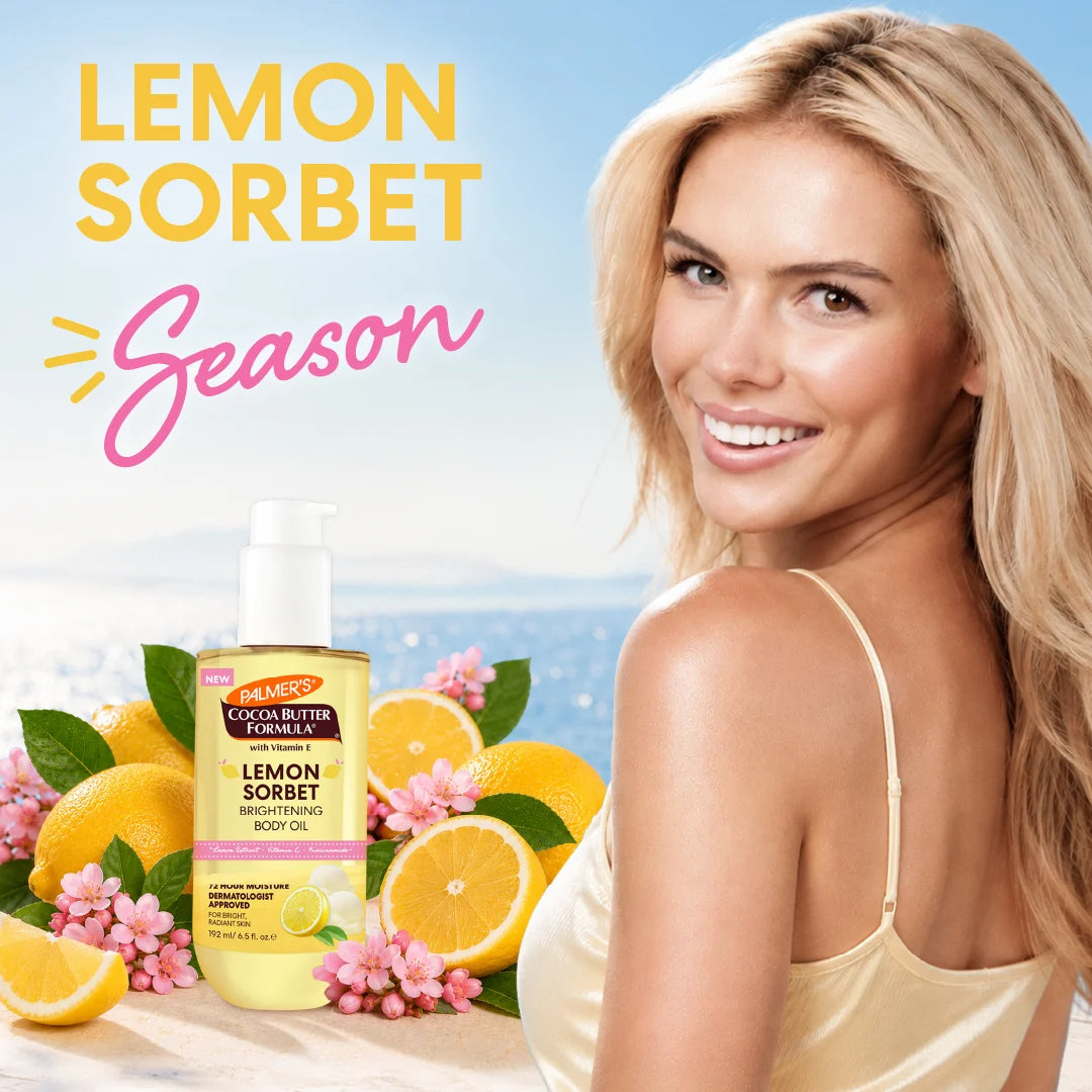 Palmer's Cocoa Butter Formula Lemon Sorbet Body Oil featuring a blonde model on the right and the product bottle surrounded by lemons and pink flowers on the left, with 'LEMON SORBET Season' text at the top.