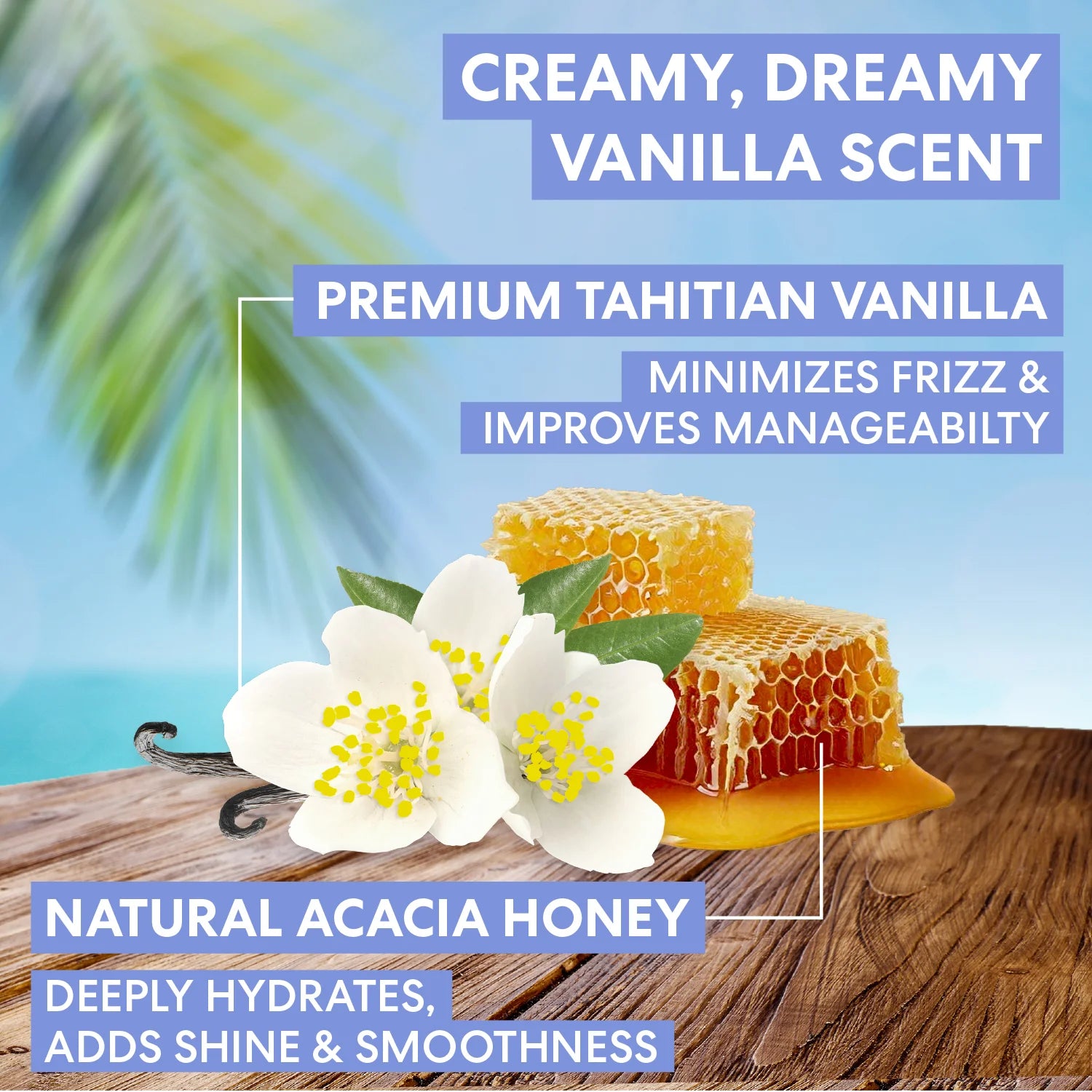 Vanilla beans, honeycomb, and vanilla flowers with text about vanilla scent and honey benefits on a wooden surface.